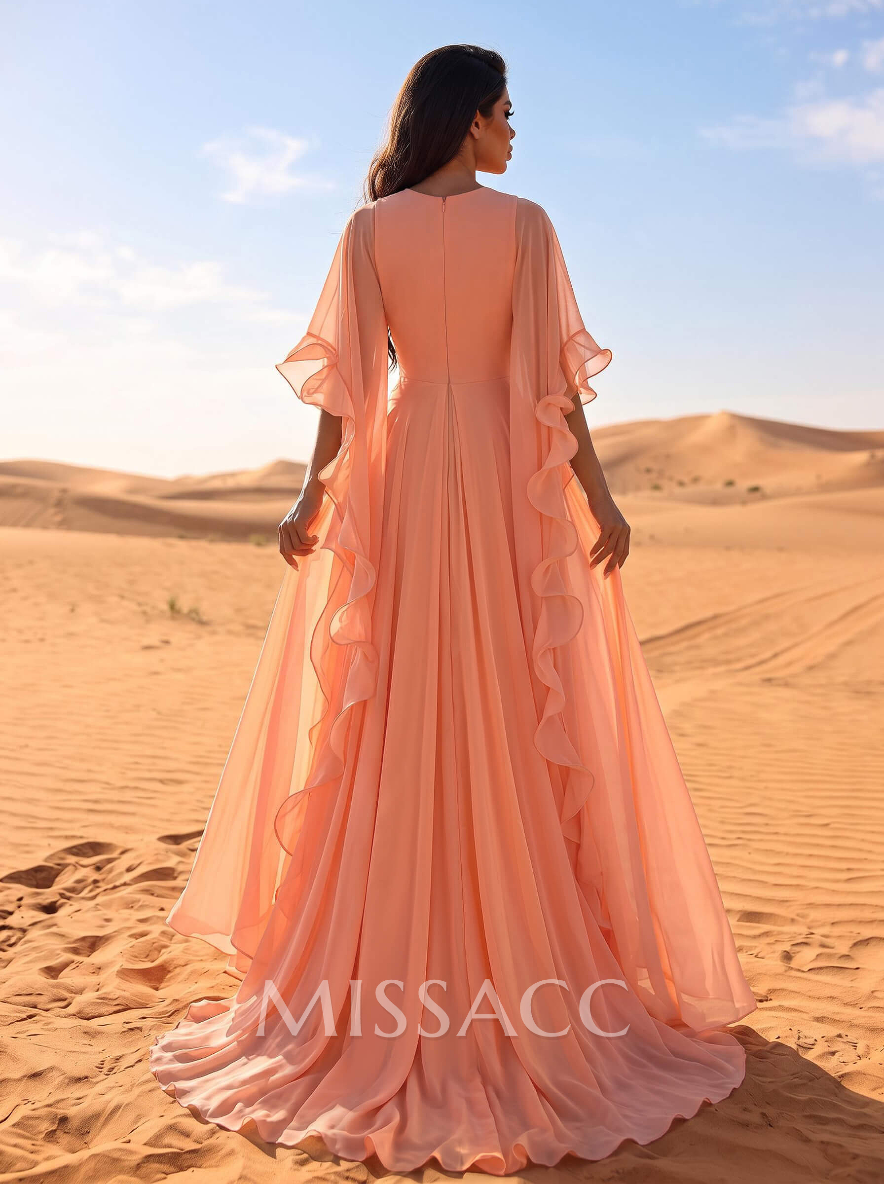 A-Line V-Neck Long Sleeves Sweep Train Chiffon Evening Dresses With Ruffle