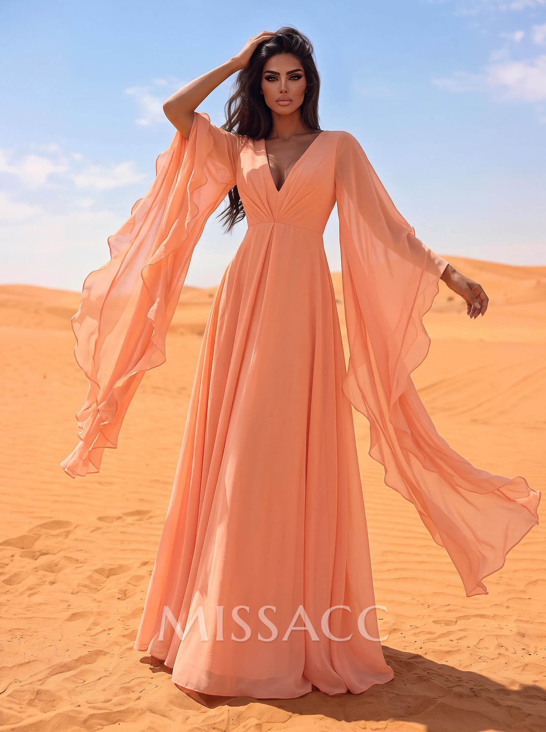A-Line V-Neck Long Sleeves Sweep Train Chiffon Evening Dresses With Ruffle