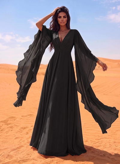 A-Line V-Neck Long Sleeves Sweep Train Chiffon Evening Dresses With Ruffle