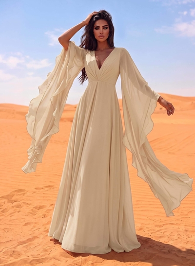 A-Line V-Neck Long Sleeves Sweep Train Chiffon Evening Dresses With Ruffle