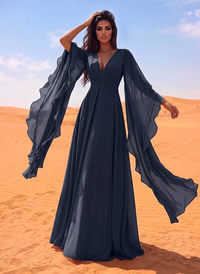 A-Line V-Neck Long Sleeves Sweep Train Chiffon Evening Dresses With Ruffle