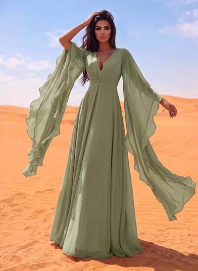 A-Line V-Neck Long Sleeves Sweep Train Chiffon Evening Dresses With Ruffle