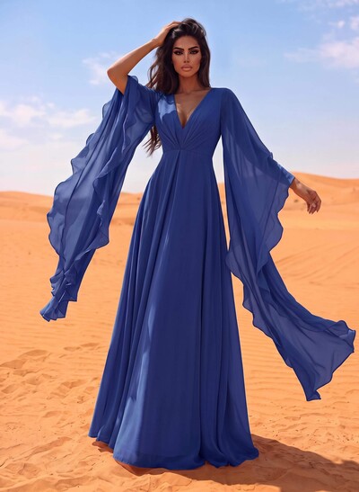 A-Line V-Neck Long Sleeves Sweep Train Chiffon Evening Dresses With Ruffle
