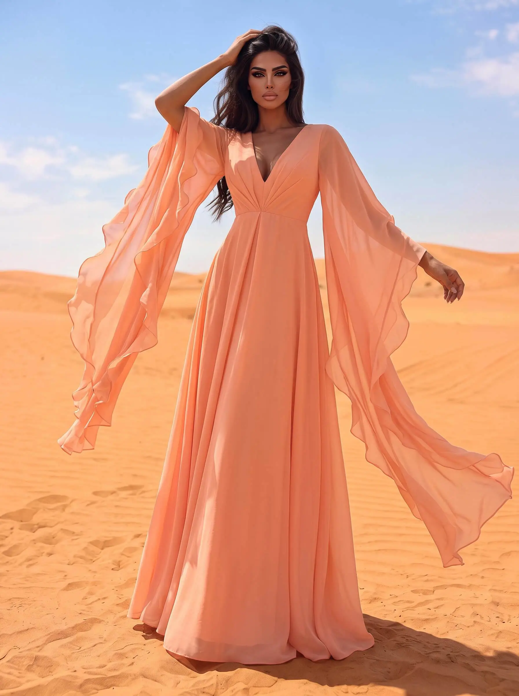 A-Line V-Neck Long Sleeves Sweep Train Chiffon Evening Dresses With Ruffle A-Line V-Neck Long Sleeves Sweep Train Chiffon Evening Dresses With Ruffle