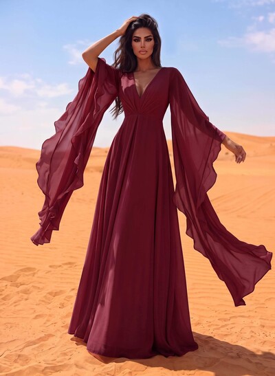A-Line V-Neck Long Sleeves Sweep Train Chiffon Evening Dresses With Ruffle