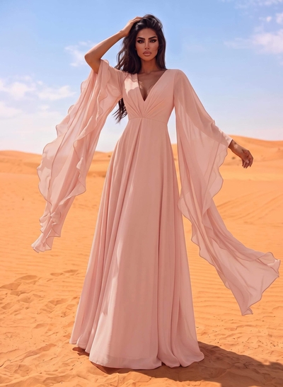 A-Line V-Neck Long Sleeves Sweep Train Chiffon Evening Dresses With Ruffle