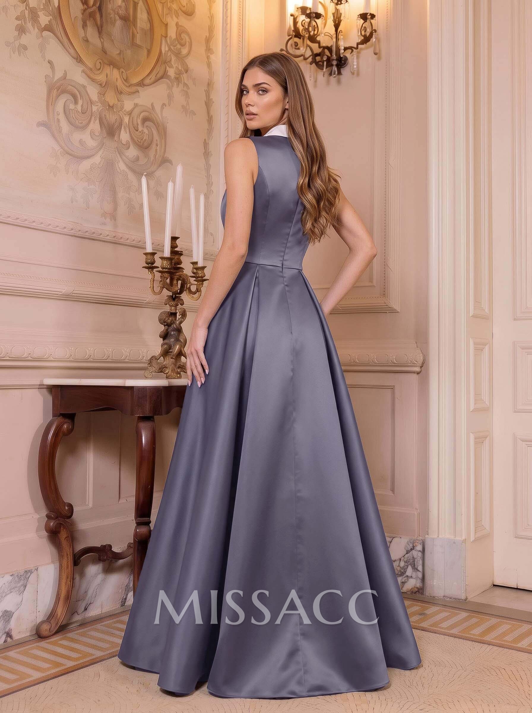 A-Line V-Neck Sleeveless Floor-Length Satin Evening Dresses With Split Front