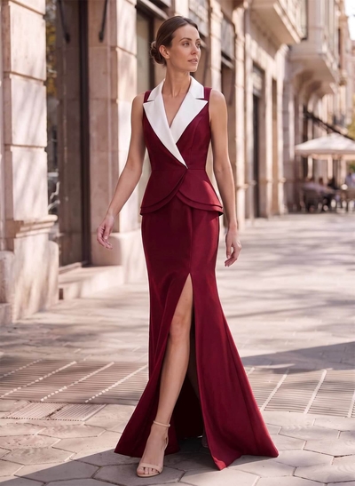 Trumpet/Mermaid V-Neck Sleeveless Floor-Length Satin Evening Dresses