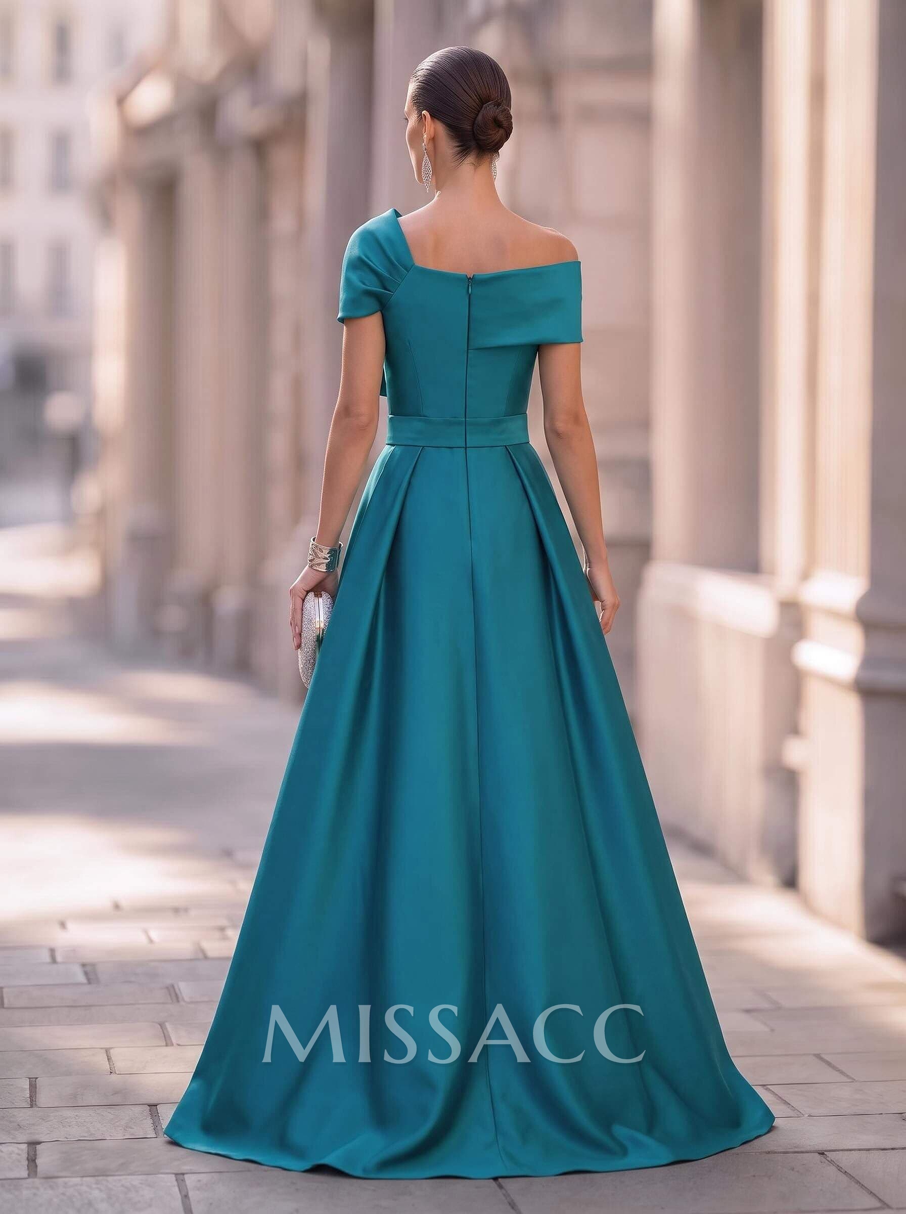 Jumpsuit/Pantsuit Asymmetrical Floor-Length Satin Evening Dresses With Rhinestone/Overskirt Dress