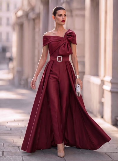 Jumpsuit/Pantsuit Asymmetrical Floor-Length Satin Evening Dresses With Rhinestone/Overskirt Dress