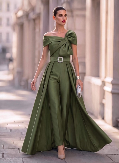 Jumpsuit/Pantsuit Asymmetric Floor-Length Satin Evening Dress With Rhinestones/Overskirt