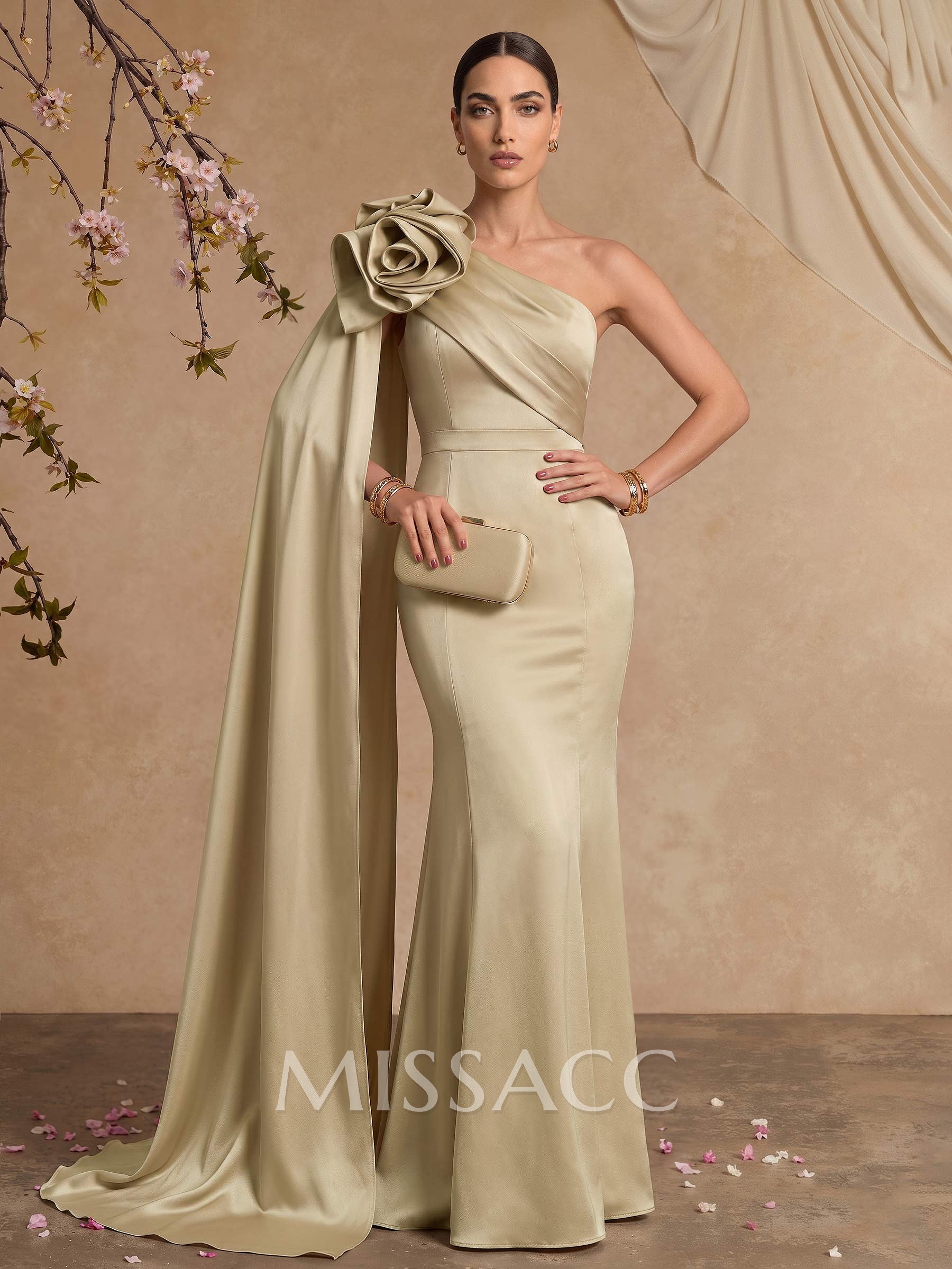 Trumpet/Mermaid One-Shoulder Floor-Length Satin Evening Dresses With Flower(s)/Sweeping Side Drape
