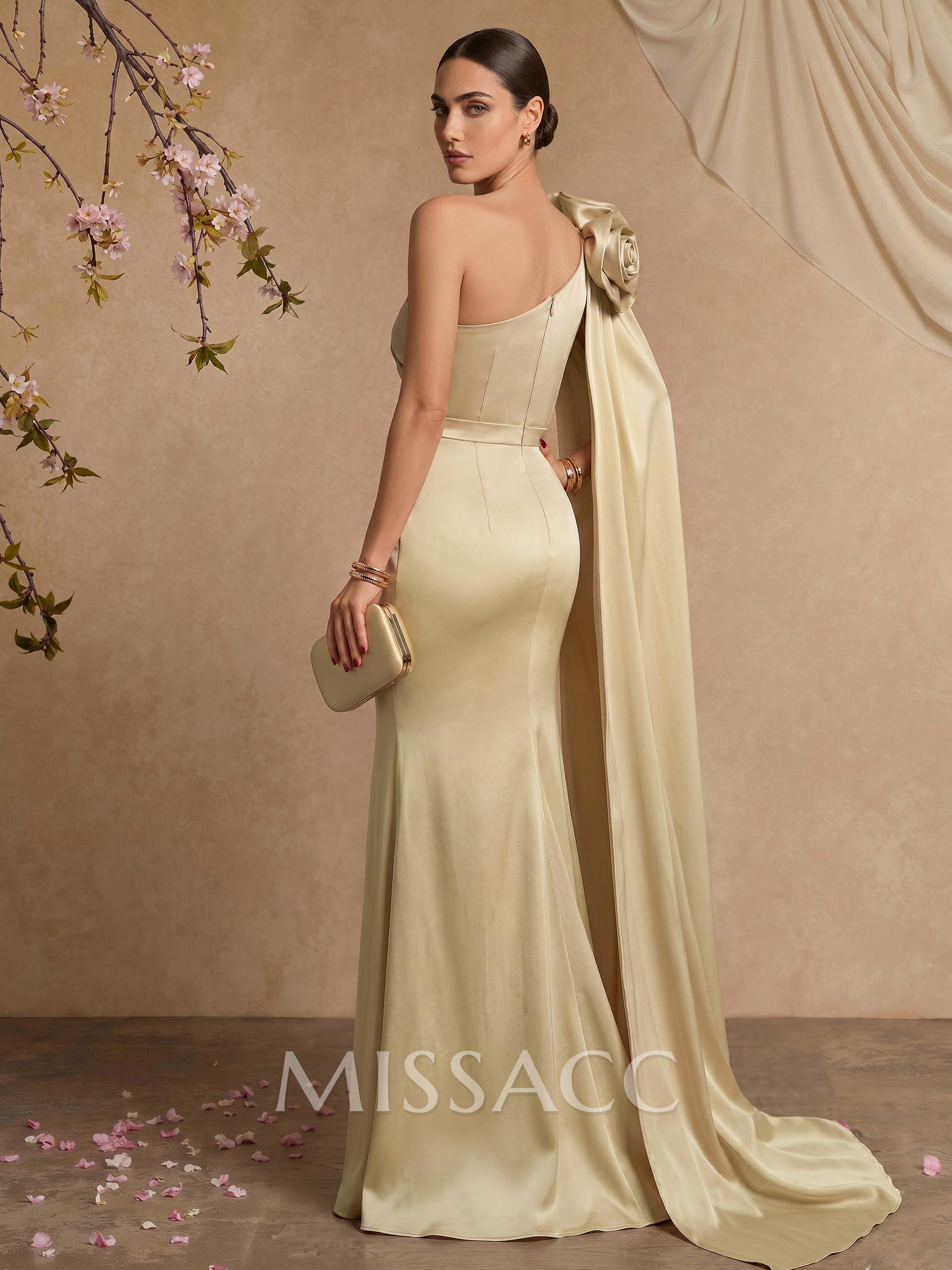 Trumpet/Mermaid One-Shoulder Floor-Length Satin Evening Dresses With Flower(s)/Sweeping Side Drape