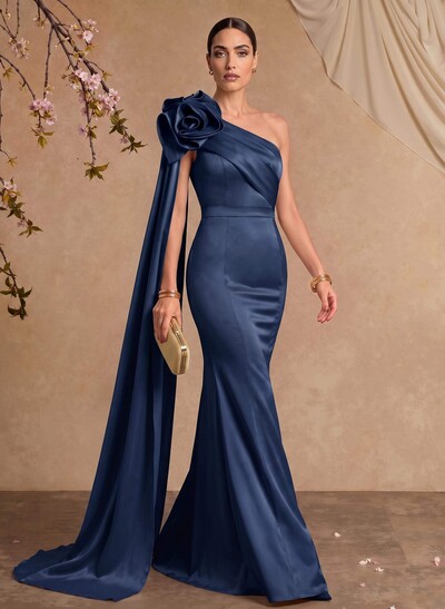 Trumpet/Mermaid One-Shoulder Floor-Length Satin Evening Dresses With Flower(s)/Sweeping Side Drape