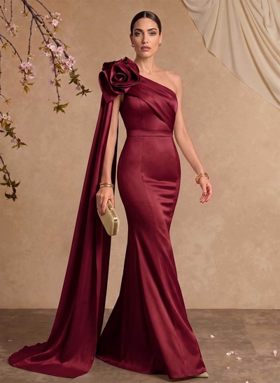 Trumpet/Mermaid One-Shoulder Floor-Length Satin Evening Dresses With Flower(s)/Sweeping Side Drape