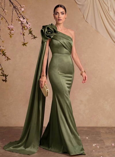 Mermaid/Trumpet One-Shoulder Maxi Satin Formal Dresses With Floral Detailing & Side Drape