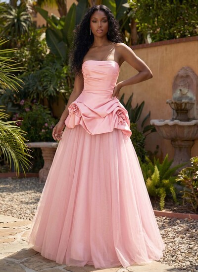 A-Line Strapless Sleeveless Floor-Length Tulle/Matte Satin Evening Dresses With Flower(s)