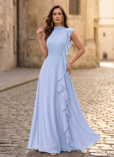 A-Line High Neck Sleeveless Floor-Length Chiffon Evening Dresses With Cascading Ruffles