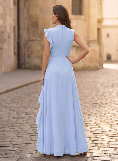 A-Line High Neck Sleeveless Floor-Length Chiffon Evening Dresses With Cascading Ruffles