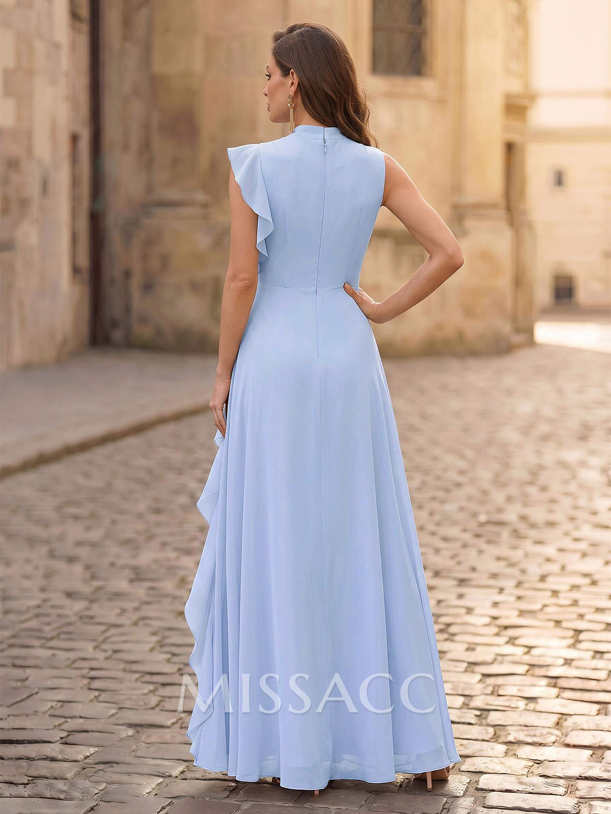 A-Line High Neck Sleeveless Floor-Length Chiffon Evening Dresses With Cascading Ruffles