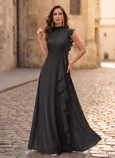 A-Line High Neck Sleeveless Floor-Length Chiffon Evening Dresses With Cascading Ruffles
