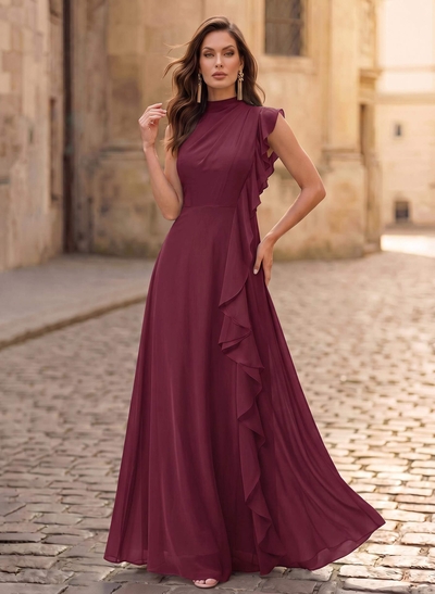 A-Line High Neck Sleeveless Floor-Length Chiffon Evening Dresses With Cascading Ruffles