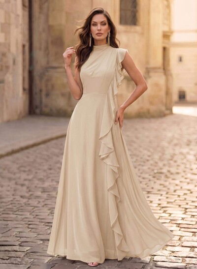 A-Line High Neck Sleeveless Floor-Length Chiffon Evening Dresses With Cascading Ruffles