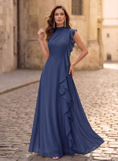 A-Line High Neck Sleeveless Floor-Length Chiffon Evening Dresses With Cascading Ruffles