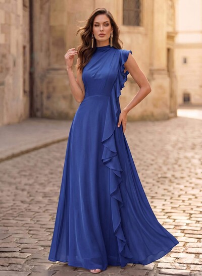 A-Line High Neck Sleeveless Floor-Length Chiffon Evening Dresses With Cascading Ruffles