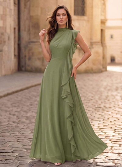 A-Line High Neck Sleeveless Floor-Length Chiffon Evening Dresses With Cascading Ruffles