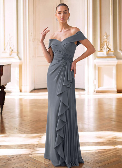 Sheath/Column Off-The-Shoulder Sleeveless Floor-Length Elastic Satin Evening Dresses With Ruffle/Pleated