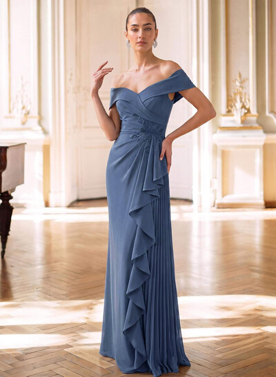 Sheath/Column Off-The-Shoulder Sleeveless Sweep Train Elastic Satin Evening Dresses With Ruffle/Pleated/Rhinestone