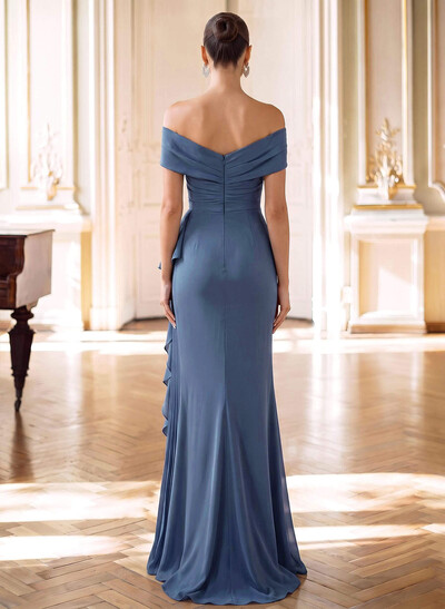 Sheath/Column Off-The-Shoulder Sleeveless Sweep Train Elastic Satin Evening Dresses With Ruffle/Pleated/Rhinestone