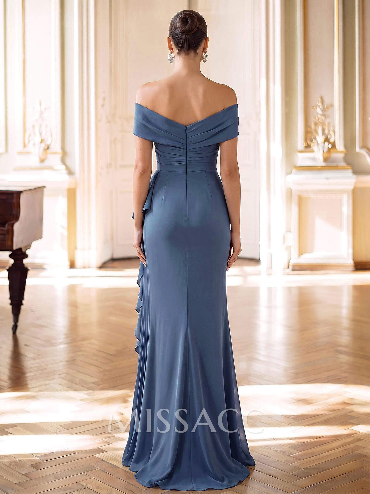 Sheath/Column Off-The-Shoulder Sleeveless Sweep Train Elastic Satin Evening Dresses With Ruffle/Pleated/Rhinestone