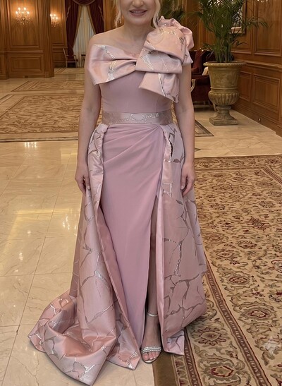 Sheath/Column Strapless Sleeveless Court Train Evening Dresses With Bow(s)