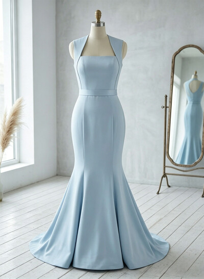 Trumpet/Mermaid Halter/Square Neckline Sleeveless Sweep Train Elastic Satin Evening Dresses