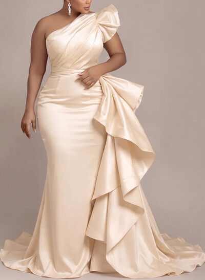 Trumpet/Mermaid Off-The-Shoulder Sleeveless Sweep Train Satin Evening Dresses With Bow(s)