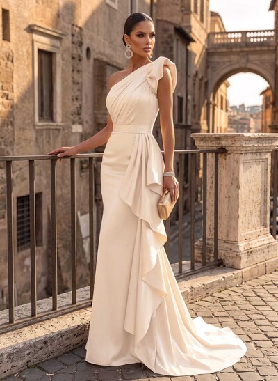 Trumpet/Mermaid Off-The-Shoulder Sleeveless Sweep Train Satin Evening Dresses With Bow(s)