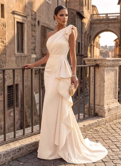 Trumpet/Mermaid Off-The-Shoulder Sleeveless Sweep Train Satin Evening Dresses With Bow(s)