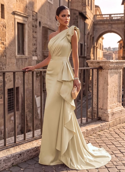 Trumpet/Mermaid Off-The-Shoulder Sleeveless Sweep Train Satin Evening Dresses With Bow(s)