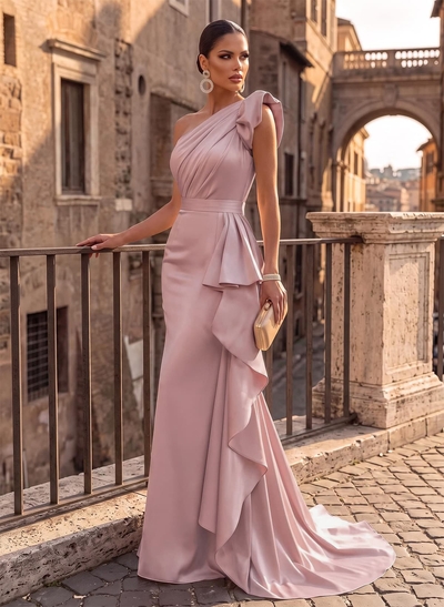 Trumpet/Mermaid Off-The-Shoulder Sleeveless Sweep Train Satin Evening Dresses With Bow(s)