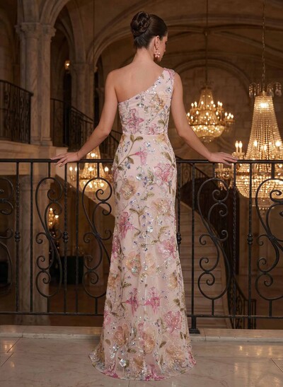 Trumpet/Mermaid One-Shoulder Sleeveless Floor-Length Lace Prom Dresses With Appliques Lace/High Split