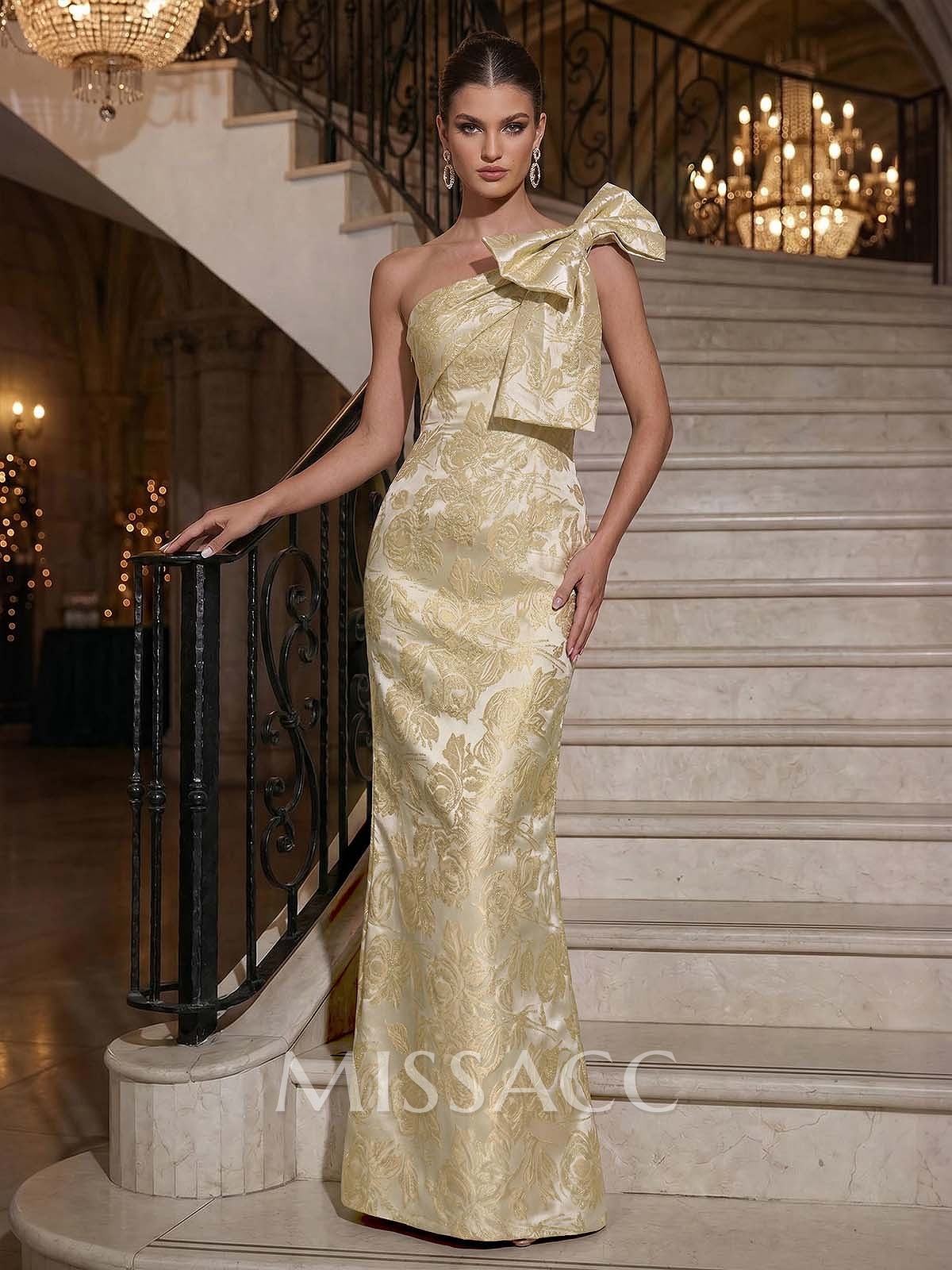 Sheath/Column One-Shoulder Sleeveless Floor-Length Jacquard Evening Dresses With Bow(s)/Back Slit