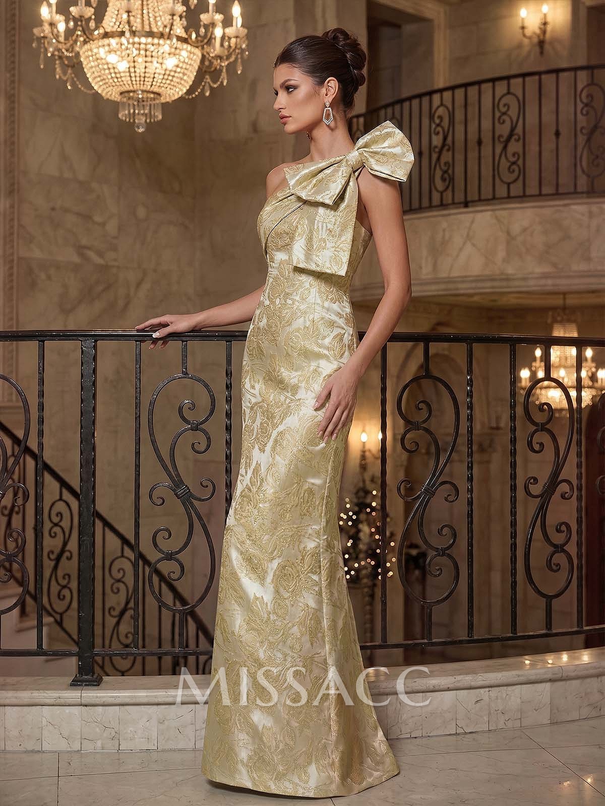 Sheath/Column One-Shoulder Sleeveless Floor-Length Jacquard Evening Dresses With Bow(s)/Back Slit