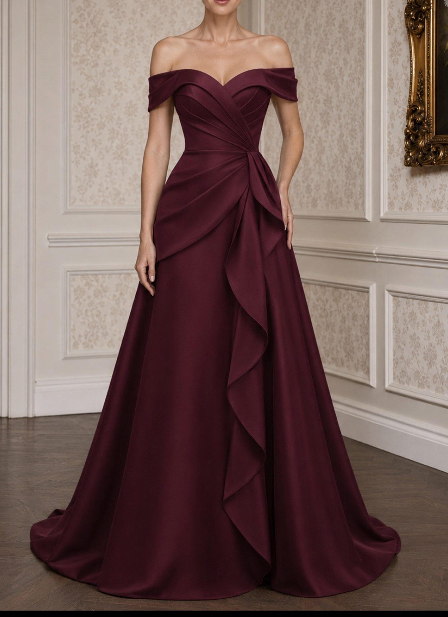 A-Line Off-The-Shoulder Sleeveless Court Train Matte Satin Evening Dresses With Cascading Ruffles