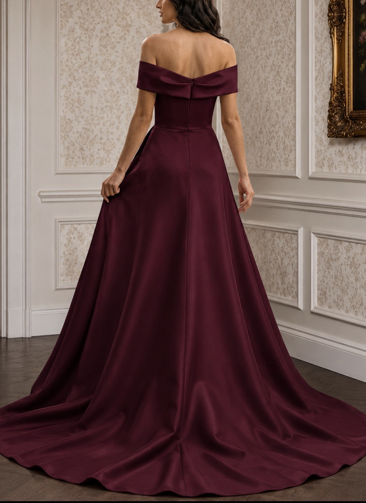 A-Line Off-The-Shoulder Sleeveless Court Train Matte Satin Evening Dresses With Cascading Ruffles
