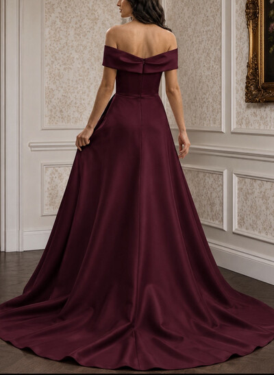 A-Line Off-The-Shoulder Sleeveless Court Train Matte Satin Evening Dresses With Cascading Ruffles