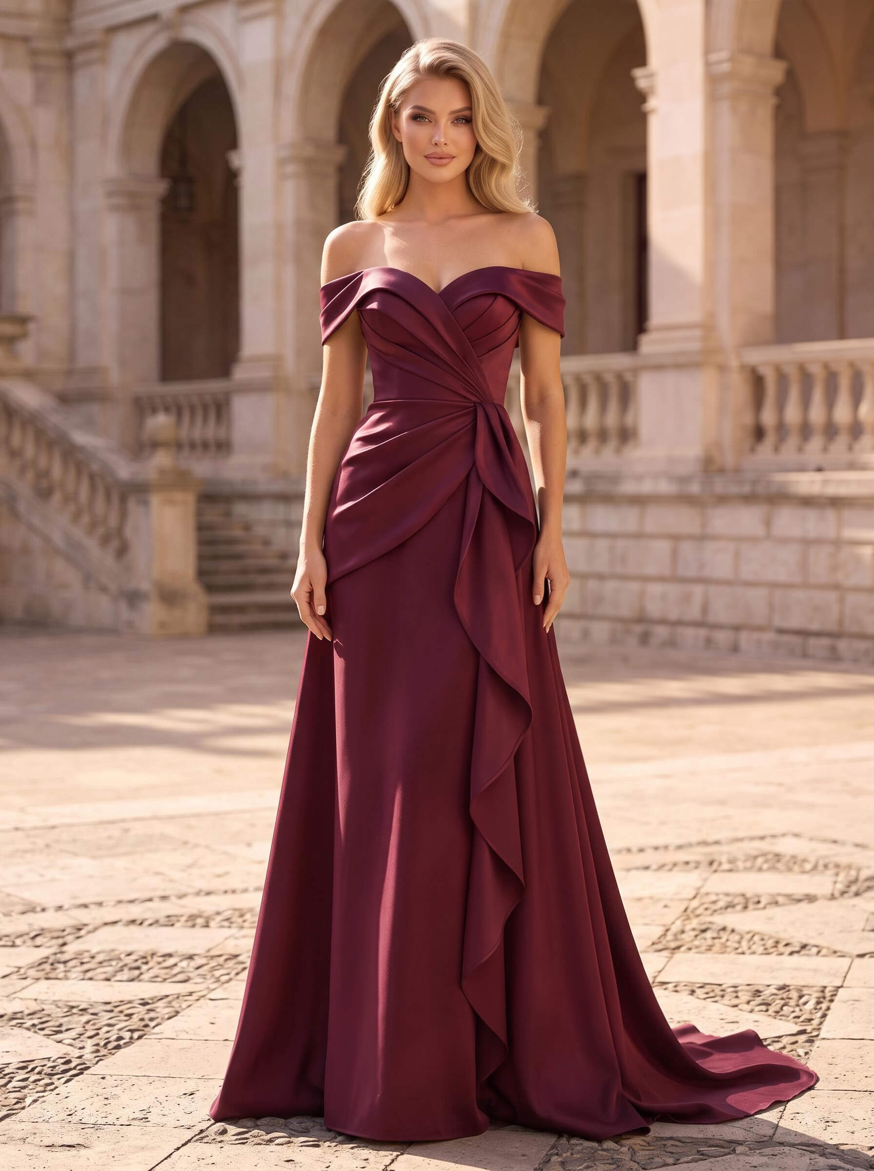A-Line Off-The-Shoulder Sleeveless Court Train Matte Satin Evening Dresses With Cascading Ruffles A-Line Off-The-Shoulder Sleeveless Court Train Matte Satin Evening Dresses With Cascading Ruffles