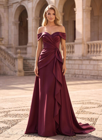 A-Line Off-The-Shoulder Sleeveless Court Train Matte Satin Evening Dresses With Cascading Ruffles
