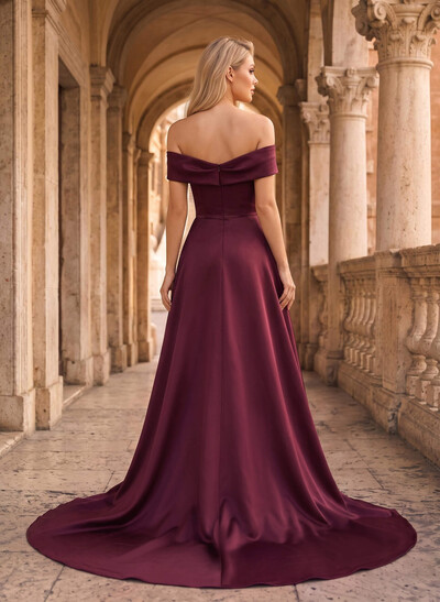 A-Line Off-The-Shoulder Sleeveless Court Train Matte Satin Evening Dresses With Cascading Ruffles